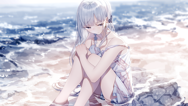 Anime picture 1920x1080 with original atha (leejuiping) single long hair looking at viewer blush fringe highres blue eyes wide image sitting silver hair bent knee (knees) outdoors blunt bangs barefoot hair flower blurry depth of field partially submerged