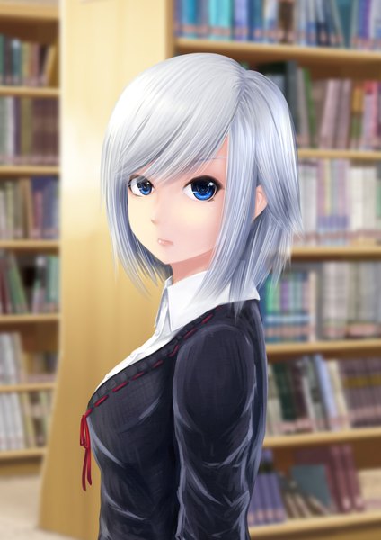 Anime picture 2480x3507 with original kaiden single tall image looking at viewer highres short hair blue eyes silver hair girl book (books) shelf bookshelf