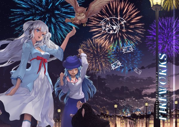 Anime picture 1213x859 with original toro long hair blue eyes multiple girls blue hair sky silver hair cloud (clouds) eyes closed grey hair inscription night outstretched arm city fireworks drawing girl 2 girls hat