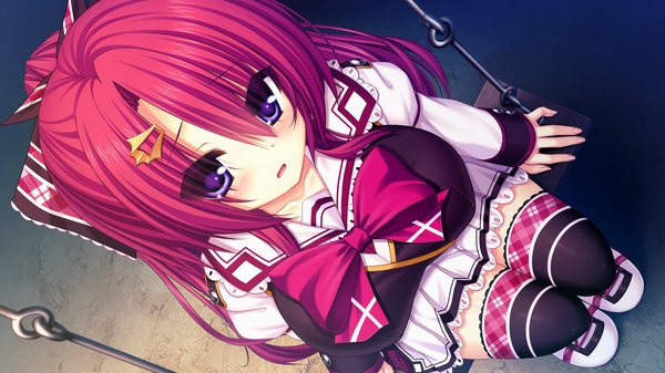 Anime picture 1280x720 with yakimochi stream ibuki kohane syroh single long hair looking at viewer blush open mouth blue eyes wide image sitting game cg red hair girl thighhighs uniform bow black thighhighs hair bow school uniform