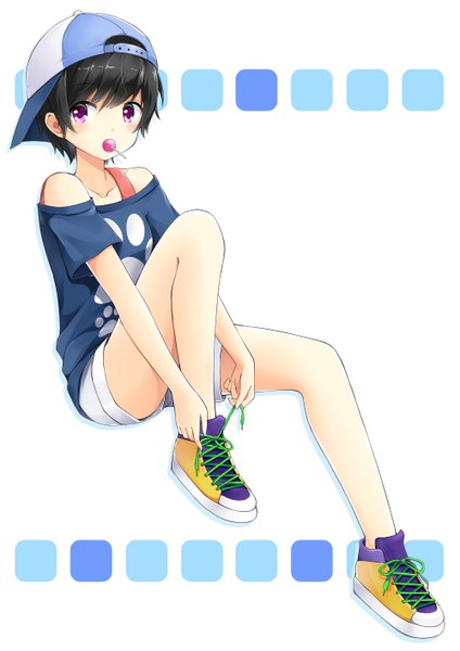 Anime picture 1000x1414 with original hazuki natsu single tall image looking at viewer short hair black hair white background purple eyes girl food shoes shorts sweets candy lollipop flat cap white shorts