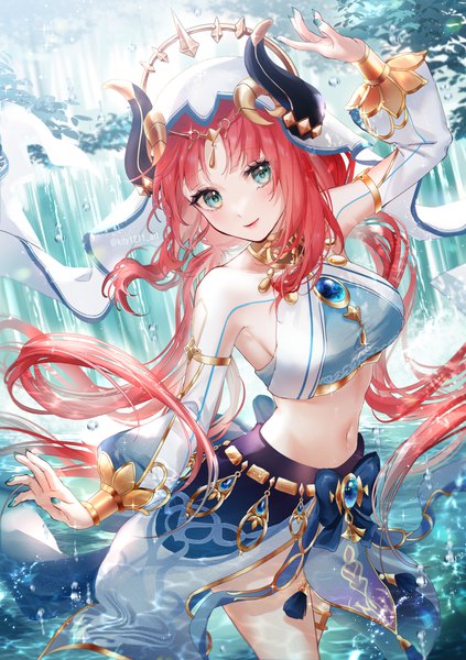 Anime picture 1020x1447 with genshin impact nilou (genshin impact) kity1211 tetsu single long hair tall image looking at viewer twintails green eyes red hair horn (horns) midriff low twintails waterfall girl navel detached sleeves water veil