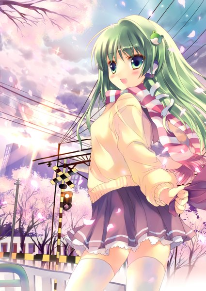 Anime picture 2149x3035 with touhou kochiya sanae azumi kazuki single long hair tall image blush highres open mouth green eyes green hair sunlight cherry blossoms striped girl thighhighs skirt miniskirt petals scarf