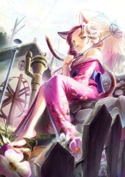 Anime picture 2149x3035 with original siloteddy single tall image highres sitting brown eyes animal ears tail traditional clothes japanese clothes animal tail hair flower cat ears off shoulder from below cat tail girl hair ornament flower (flowers)