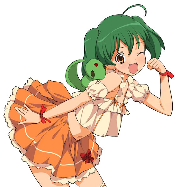 Anime picture 2280x2400 with macross macross frontier ranka lee a1 single tall image fringe highres short hair open mouth simple background hair between eyes white background twintails ahoge one eye closed green hair wink midriff orange eyes