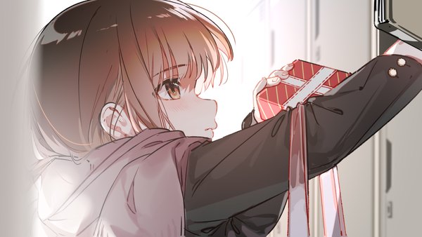 Anime picture 4800x2700 with original almic single blush fringe highres short hair brown hair wide image holding brown eyes looking away absurdres upper body blunt bangs long sleeves profile blurry arms up valentine