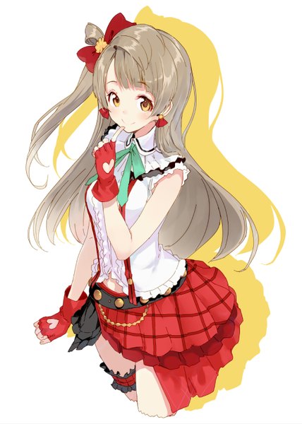 Anime picture 1042x1459 with love live! school idol project sunrise (studio) love live! minami kotori shirabi single long hair tall image looking at viewer brown hair brown eyes one side up plaid skirt girl skirt gloves bow hair bow earrings belt