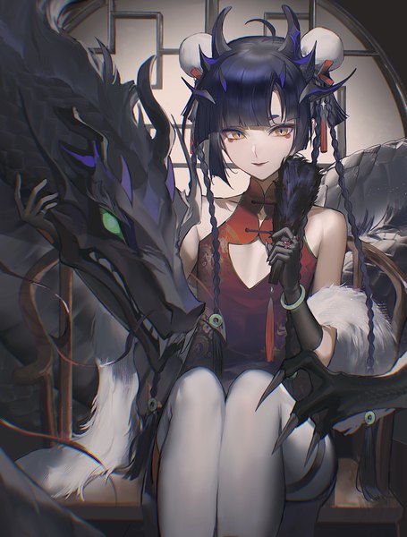 Anime picture 3000x3952 with original crimsonknigh t single long hair tall image looking at viewer highres black hair sitting yellow eyes braid (braids) traditional clothes horn (horns) flat chest chinese clothes cleavage cutout new year fantasy girl gloves