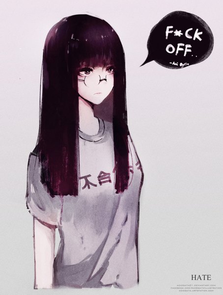 Anime picture 1748x2308 with original hate-chan (aoi ogata) aoi ogata single long hair tall image blush fringe highres black hair simple background signed looking away blunt bangs black eyes text english expressionless clothes writing purple background