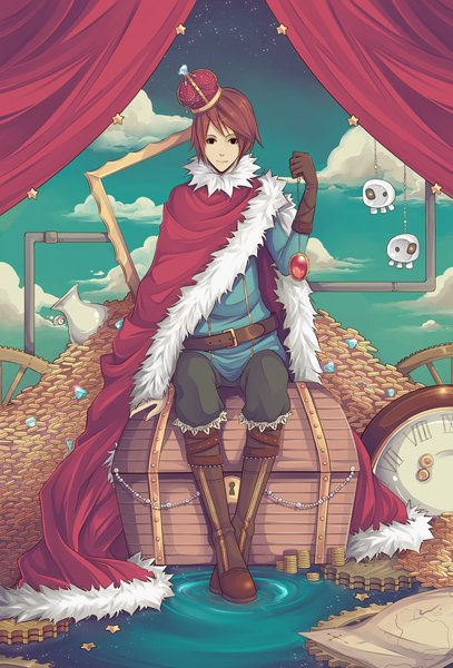 Anime picture 3600x5298 with original gasara single tall image highres short hair red eyes absurdres cloud (clouds) empty picture frame boy gloves water boots belt star (symbol) curtains cloak clock crown