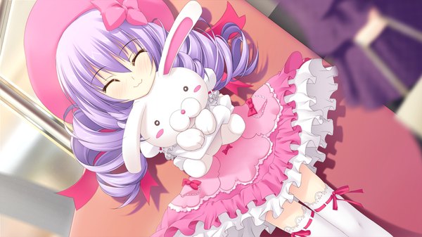 Anime picture 1280x720 with strawberry feels long hair blush smile wide image game cg purple hair eyes closed drill hair girl thighhighs dress bow hair bow white thighhighs toy beret stuffed animal