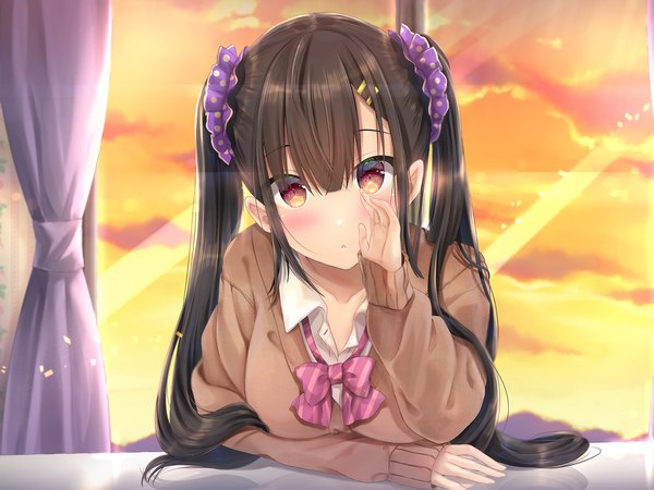 Anime picture 2000x1500 with original maruma (maruma gic) single long hair looking at viewer blush fringe highres open mouth hair between eyes brown hair twintails brown eyes payot sky cloud (clouds) upper body indoors long sleeves :o