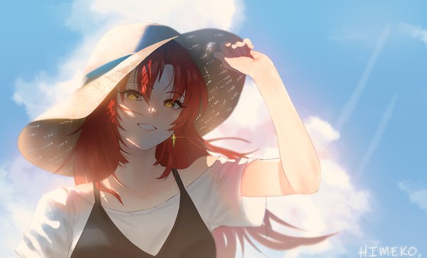 Anime picture 1266x768 with honkai impact 3rd honkai (series) murata himeko anchovy (artist) single long hair looking at viewer wide image yellow eyes sky cloud (clouds) upper body red hair parted lips character names adjusting hat girl earrings