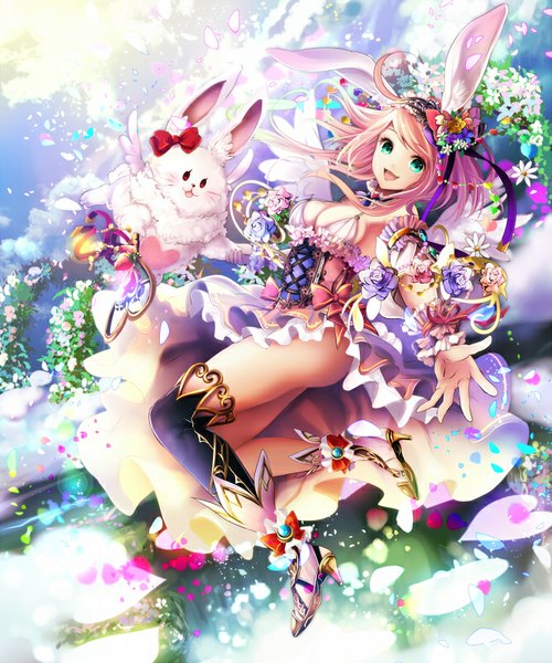 Anime picture 666x800 with kamigoku no valhalla gate aoi (kirabosi105) long hair tall image breasts open mouth light erotic smile animal ears pink hair sky cloud (clouds) tail animal tail hair flower aqua eyes from above wind sunlight official art