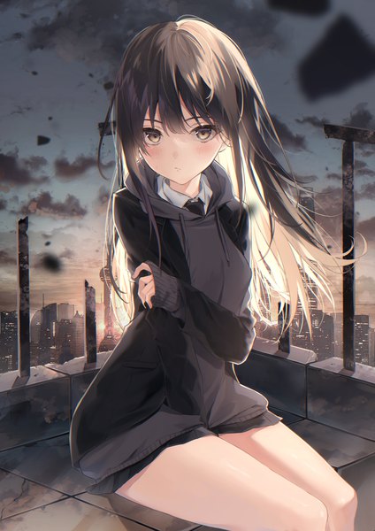 Anime picture 1544x2184 with original harui (hr x9 ) single long hair tall image looking at viewer blush fringe brown hair sitting yellow eyes sky cloud (clouds) outdoors long sleeves wind open jacket thighs tears city