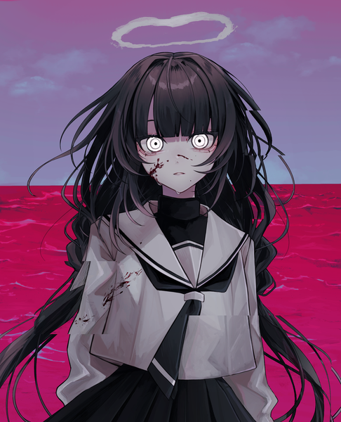 Anime picture 2894x3573 with original 402 (o0 xxx) single long hair tall image looking at viewer highres black hair upper body braid (braids) tears twin braids horizon blood on face bloody clothes white eyes girl uniform serafuku blood