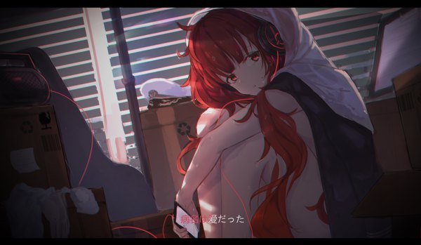 Anime picture 3877x2261 with azur lane honolulu (azur lane) lm520lm520 single long hair looking at viewer blush fringe highres light erotic red eyes wide image sitting absurdres bent knee (knees) red hair indoors blunt bangs sunlight inscription