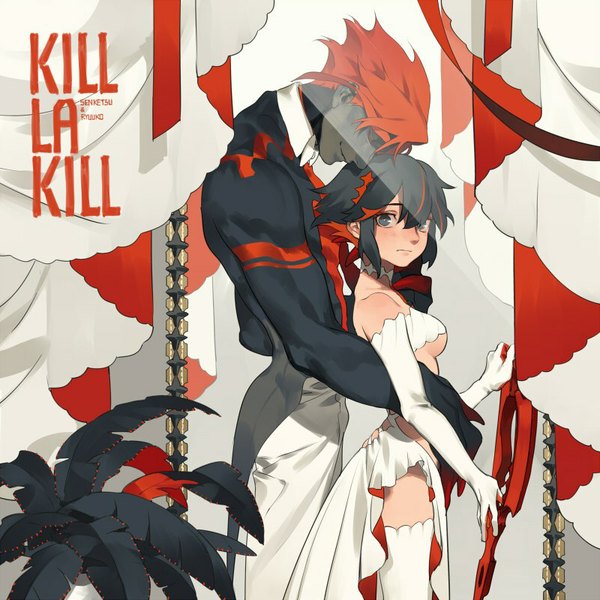 Anime picture 800x800 with kill la kill studio trigger matoi ryuuko senketsu coralstone looking at viewer blush short hair light erotic black hair smile bare shoulders red hair profile multicolored hair two-tone hair grey eyes streaked hair copyright name character names