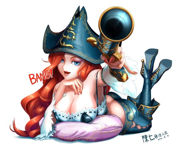 Anime picture 1500x1200 with league of legends miss fortune (league of legends) chen qi (chanseven) single long hair breasts open mouth blue eyes light erotic simple background smile large breasts white background bare shoulders nail polish lips orange hair inscription arm support armpit (armpits)