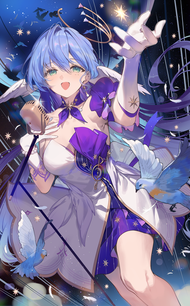 Anime picture 1000x1615 with honkai: star rail honkai (series) robin (honkai: star rail) necomi (gussan) single long hair tall image looking at viewer fringe open mouth smile hair between eyes standing green eyes silver hair :d arm up sparkle head wings singing