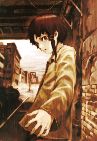Anime picture 1104x1600 with serial experiments lain iwakura lain abe yoshitoshi single tall image looking at viewer short hair brown hair brown eyes scan girl jacket building (buildings)