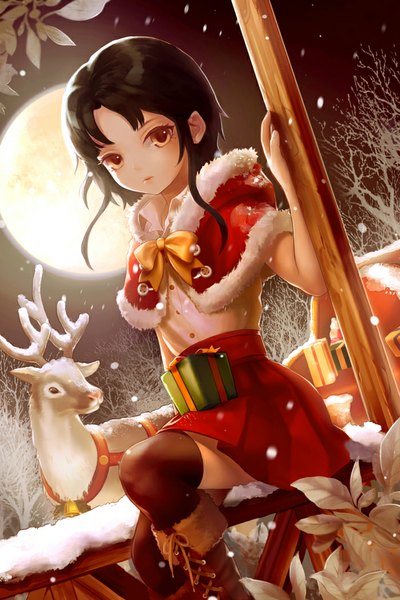 Anime picture 700x1050 with original kang jic single tall image looking at viewer fringe short hair black hair sitting sky pink eyes lips night dutch angle night sky fur trim snowing snow lacing bare tree