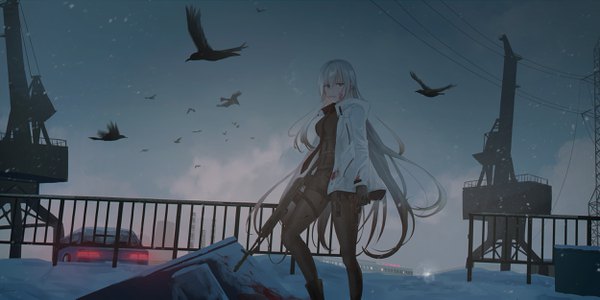 Anime picture 2500x1250 with original chihuri single looking at viewer fringe highres hair between eyes wide image standing silver hair cloud (clouds) very long hair night open jacket grey eyes night sky text winter snow smoking