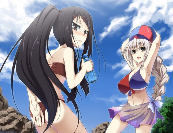 Anime picture 1945x1499 with touhou houraisan kaguya yagokoro eirin kokuyouseki long hair blush highres open mouth light erotic black hair multiple girls cloud (clouds) white hair ponytail braid (braids) black eyes girl navel 2 girls swimsuit