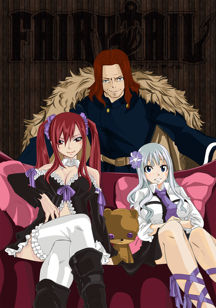 Anime picture 1024x1464 with fairy tail erza scarlet mirajane strauss gildarts clive ioshik long hair tall image blue eyes light erotic smile red eyes brown hair twintails multiple girls white hair red hair hair flower black eyes inscription coloring