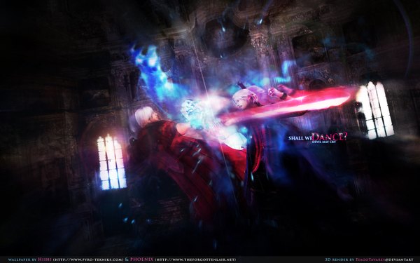 Anime picture 1920x1200 with devil may cry capcom dante (devil may cry) nero (devil may cry) highres short hair blonde hair wide image white hair battle boy sword window cloak huge weapon castle huge sword bars