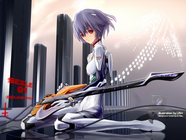 Anime picture 1500x1125 with neon genesis evangelion gainax ayanami rei lin+ short hair red eyes blue hair wallpaper musical instrument guitar pilot suit laptop computer