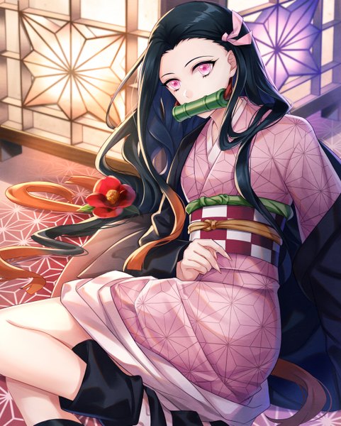 Anime picture 2220x2766 with kimetsu no yaiba original ufotable kamado nezuko zukiyuki single long hair tall image highres black hair sitting holding looking away bent knee (knees) traditional clothes japanese clothes pink eyes multicolored hair fingernails off shoulder