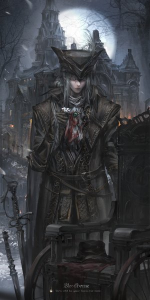 Anime picture 850x1700 with bloodborne from software lady maria of the astral clocktower stu dts single tall image short hair standing holding outdoors white hair eyes closed night copyright name text english bloody clothes girl gloves hat