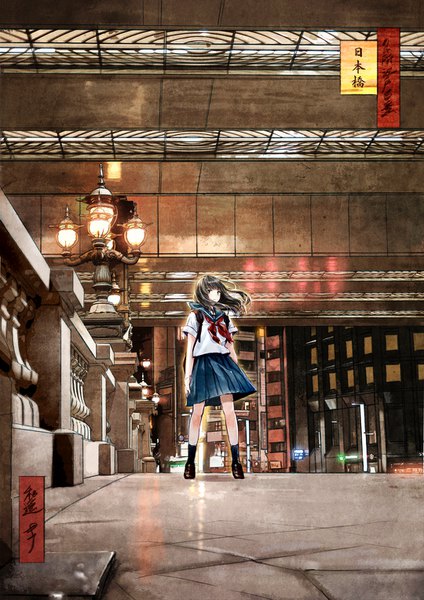 Anime picture 1080x1528 with original kazuharu kina single long hair tall image looking at viewer fringe black hair standing brown eyes full body outdoors blunt bangs pleated skirt wind realistic from below short sleeves hieroglyph girl