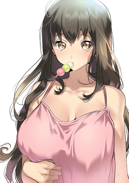 Anime picture 600x849 with original yanyo (ogino atsuki) single long hair tall image looking at viewer blush fringe breasts light erotic black hair simple background hair between eyes large breasts white background holding brown eyes cleavage upper body ahoge