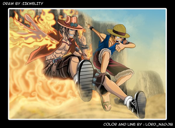Anime picture 1119x817 with one piece toei animation monkey d. luffy portgas d. ace lord-nadjib (artist) short hair open mouth black hair smile brown hair sky grey eyes coloring magic smoke mountain muscle jumping boy hat