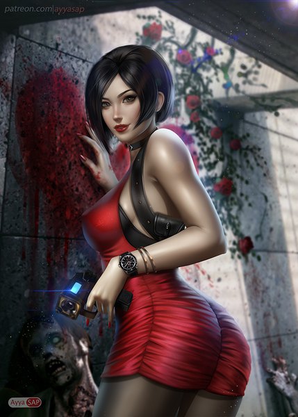 Anime picture 720x1007 with resident evil ada wong ayyasap tall image looking at viewer short hair breasts light erotic black hair bare shoulders holding signed nail polish fingernails light smile from behind sunlight realistic grey eyes lipstick