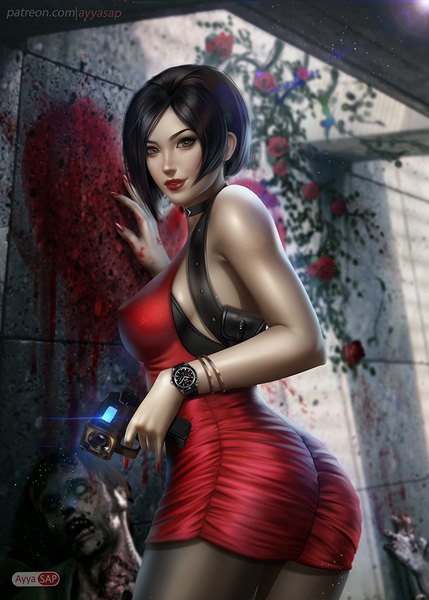 イラスト 720x1007 と バイオハザード ada wong ayyasap 長身像 カメラ目線 短い髪 おっぱい light erotic 黒髪 肩出し holding signed nail polish fingernails light smile from behind sunlight realistic grey eyes lipstick