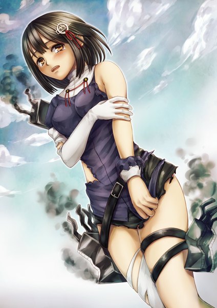 Anime picture 827x1169 with kantai collection haguro heavy cruiser single tall image blush short hair open mouth black hair brown eyes sky cloud (clouds) torn clothes girl gloves weapon elbow gloves