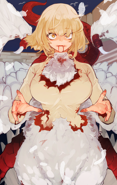 Anime picture 2894x4570 with dungeon meshi studio trigger falin touden falin touden (chimera) chankuro single tall image looking at viewer fringe highres short hair blonde hair hair between eyes yellow eyes horn (horns) white wings spoilers bleeding girl wings
