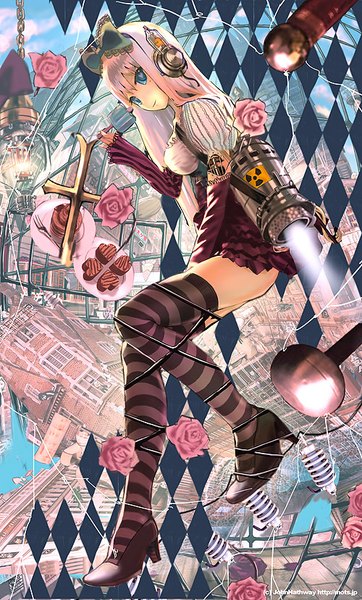Anime picture 500x828 with original john hathway single long hair tall image fringe blue eyes light erotic smile pink hair sky bent knee (knees) girl thighhighs flower (flowers) bow hair bow sweets headphones rose (roses)