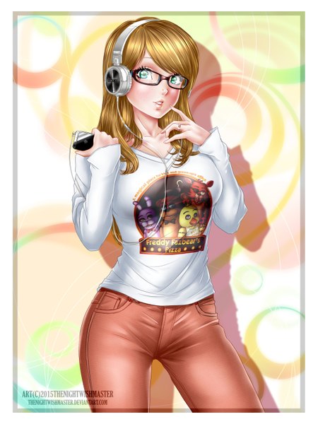 Anime picture 2250x3000 with five nights at freddy's original freddy fazbear foxy (five nights at freddy's) bonnie (five nights at freddy's) chica (five nights at freddy's) thenightwishmaster single long hair tall image looking at viewer highres blonde hair green eyes border girl glasses headphones t-shirt jeans