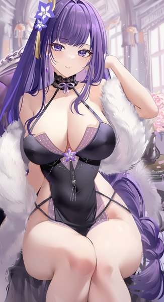 Anime picture 2480x4560 with genshin impact raiden shogun congqian you ke xing single long hair tall image looking at viewer blush fringe highres breasts light erotic smile large breasts sitting purple eyes cleavage purple hair bent knee (knees) indoors