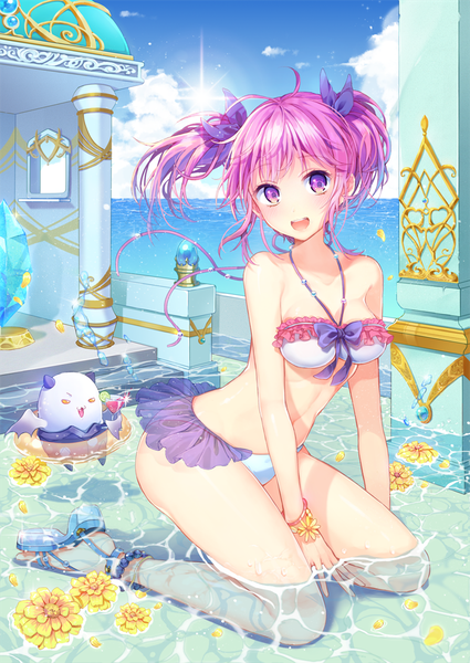 イラスト 700x989 と エルソード aisha landar pinb ソロ 長身像 カメラ目線 赤面 短い髪 開いた口 light erotic 紫目 purple hair 女の子 花 ちょう結び 水着 ヘア蝶結び ビキニ (水着) 花弁 水