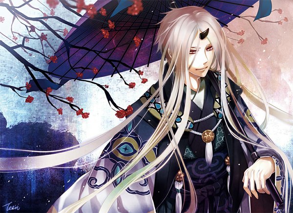 Anime picture 1024x744 with teen single long hair fringe smile signed looking away traditional clothes japanese clothes pink eyes horn (horns) lips boy flower (flowers) umbrella branch oriental umbrella
