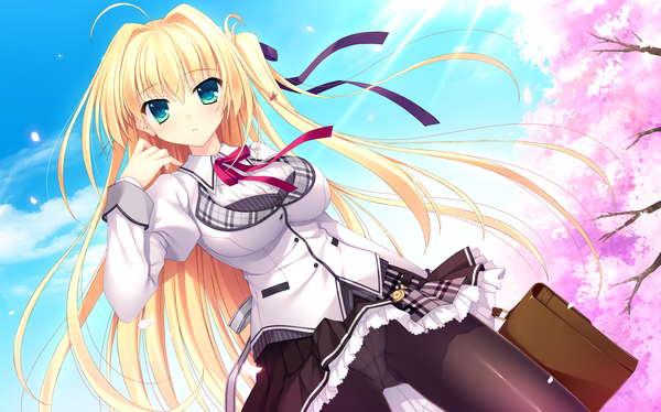 イラスト 6709x4189 と alia's carnival! 電撃姫 sakurakouji tsukuyomi 七尾奈留 ソロ 長髪 赤面 highres light erotic 金髪 wide image 緑の目 looking away absurdres 空 cloud (clouds) アホ毛 風 パンチラ puffy sleeves