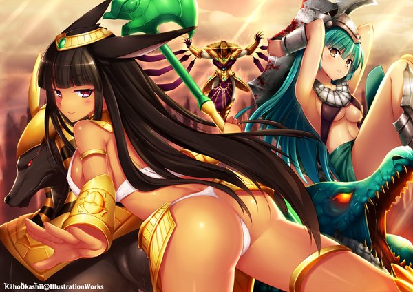 Anime picture 1500x1060 with league of legends renekton (league of legends) nasus (league of legends) azir (league of legends) kaho okashii long hair blush breasts light erotic black hair purple eyes multiple girls animal ears yellow eyes ass green hair light smile girl hair ornament 2 girls