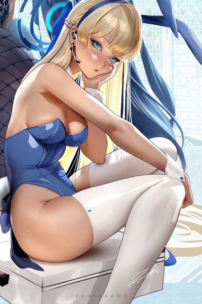 Anime-Bild 2339x3508 mit blue archive toki (blue archive) toki (bunny) (blue archive) zumi (zumidraws) long hair tall image looking at viewer blush fringe highres breasts blue eyes light erotic black hair blonde hair large breasts standing sitting multiple girls signed