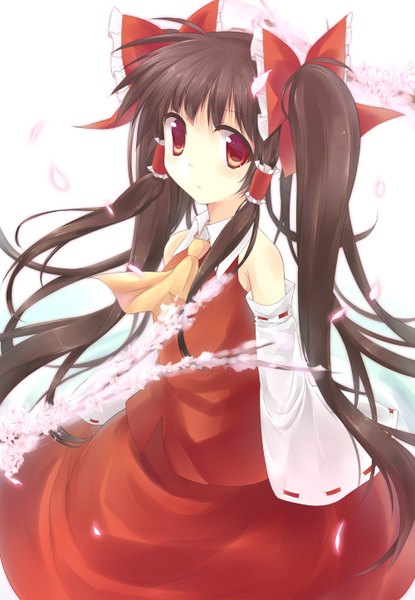 Anime picture 1000x1444 with touhou hakurei reimu ut pictura poesis single long hair tall image red eyes brown hair twintails cherry blossoms miko girl bow hair bow detached sleeves petals