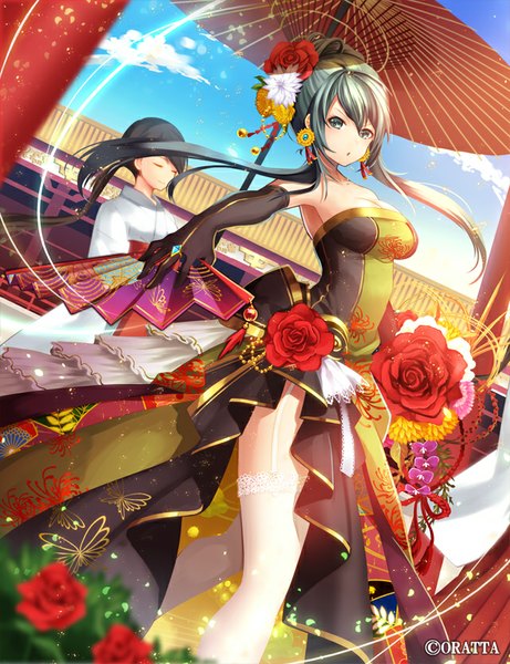 Anime picture 640x832 with original nukuhito long hair tall image open mouth blue eyes black hair twintails multiple girls sky cloud (clouds) eyes closed traditional clothes japanese clothes hair flower green hair girl thighhighs dress gloves